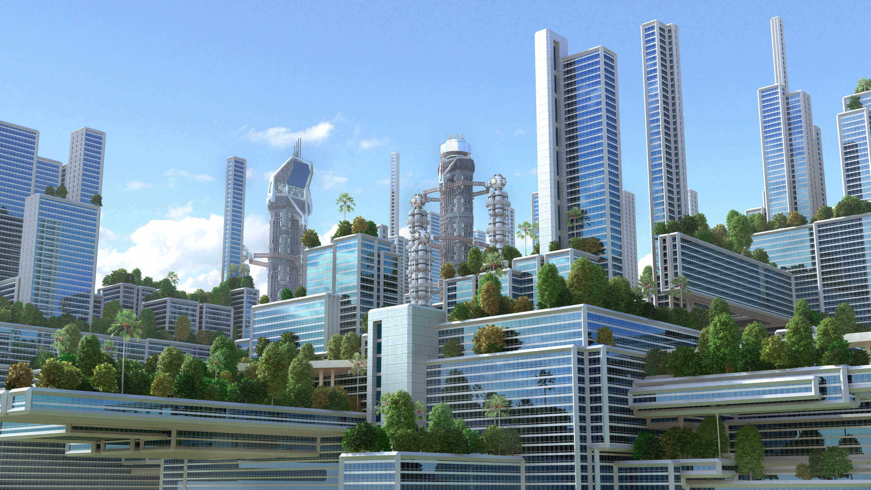 A futuristic "green" city with high rise buildings and terraces covered in vegetation